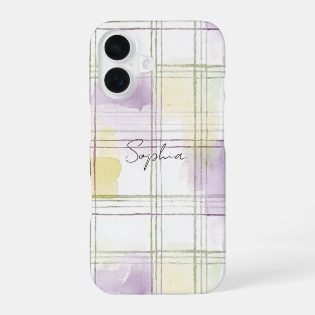Coque iPhone 16 Rayures à carreaux violet jaune blanc (Verso)
