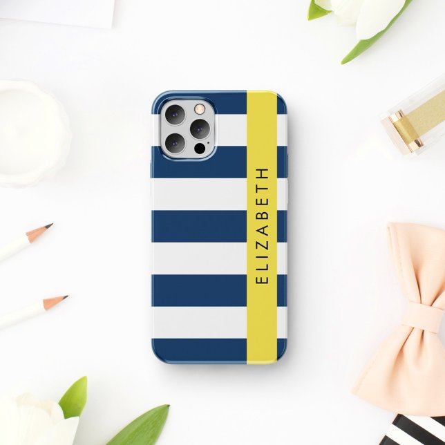 Coque iPhone 16 Rayures Bleu Marine, Motif Rayé, Votre Nom (Créateur téléchargé)
