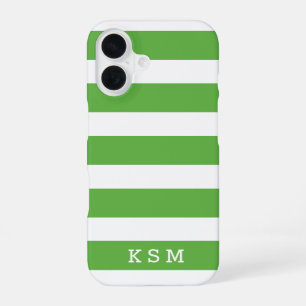 Coque iPhone 16 Rayures Classiques Vertes et Blanches Monogramme