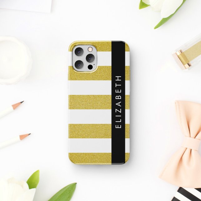 Coque iPhone 16 Rayures dorées, motif rayé, lignes, Votre nom (Créateur téléchargé)