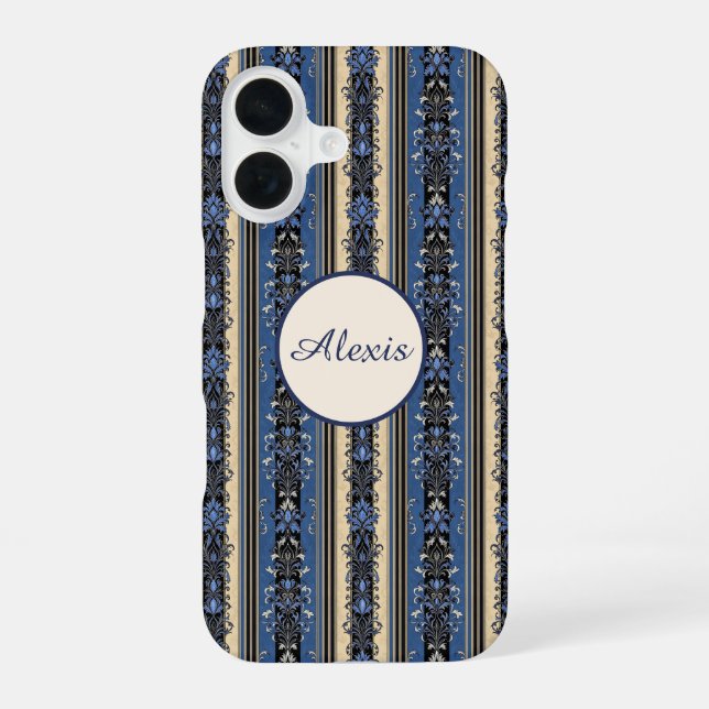 Coque iPhone 16 Rayures en damas bleu et or (Verso)