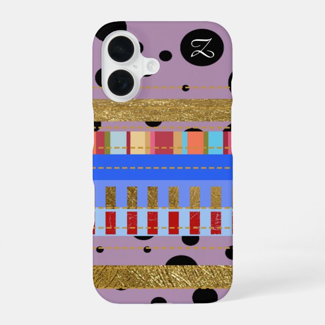 Coque iPhone 16 Rayures et points cool & initiales (Verso)