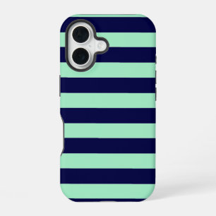 Coque iPhone 16 Rayures Nautiques Bleu Nuit et Vert Menthe