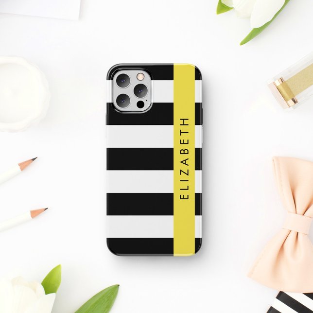 Coque iPhone 16 Rayures noires et blanches, rayé, lignes, votre no (Créateur téléchargé)