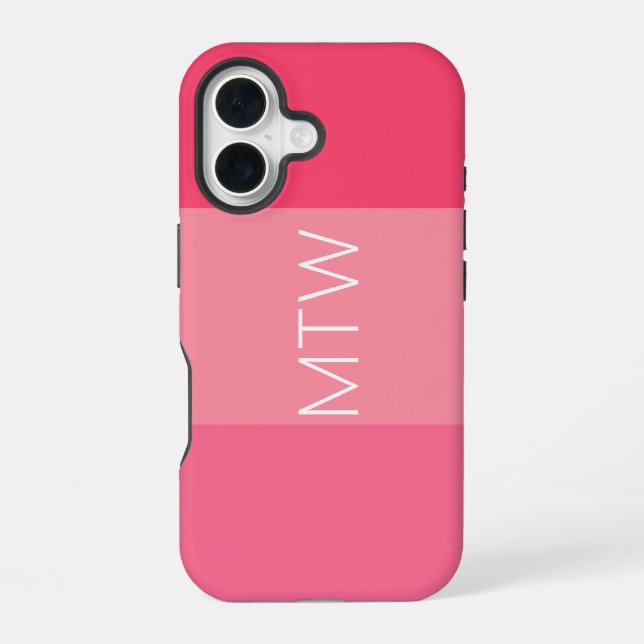 Coque iPhone 16 Rayures roses simples et monogramme blanc (Verso)