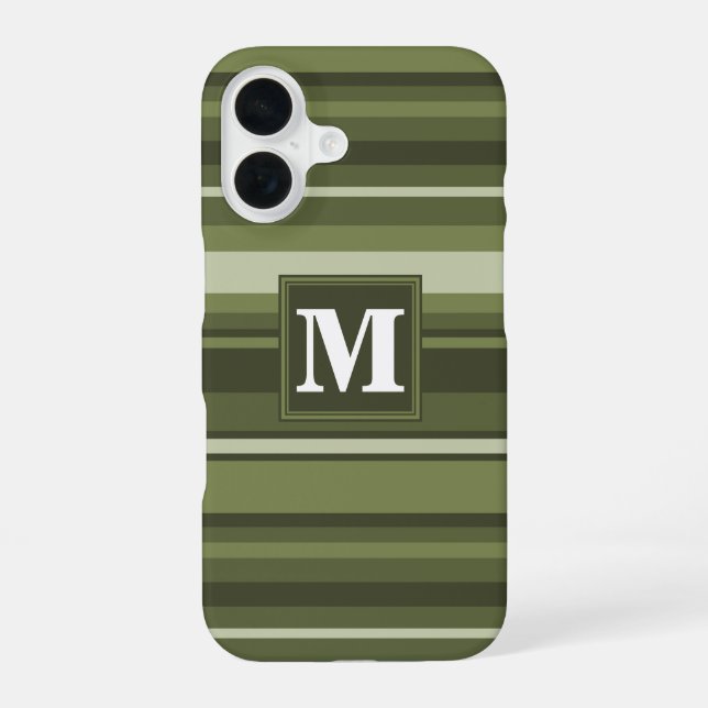 Coque iPhone 16 Rayures vert olive Monogramme (Verso)