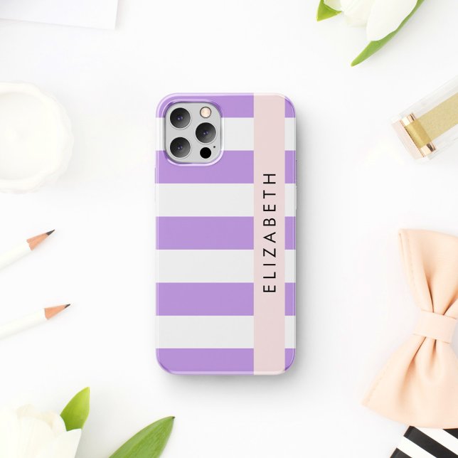 Coque iPhone 16 Rayures violettes, motif rayé, lignes, Votre nom (Créateur téléchargé)