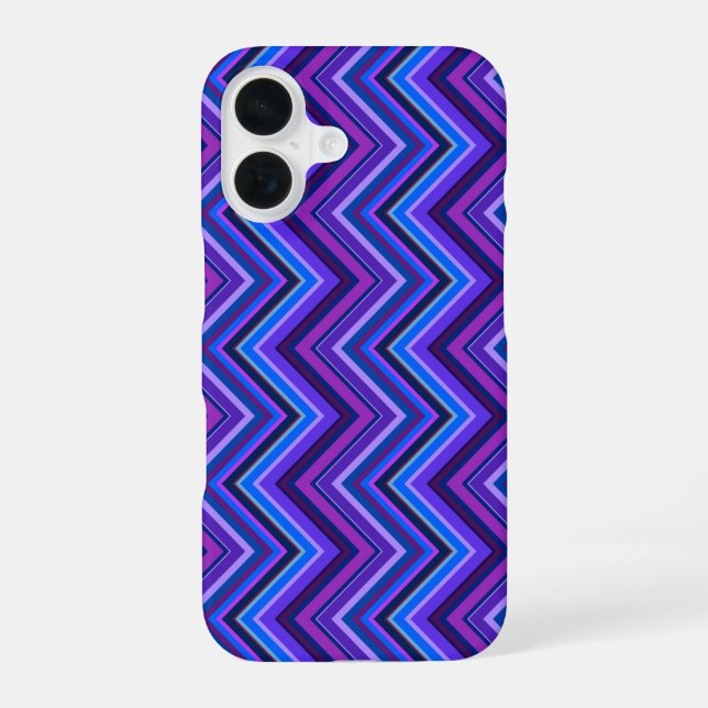 Coque iPhone 16 Rayures zigzagées bleues et violettes (Verso)