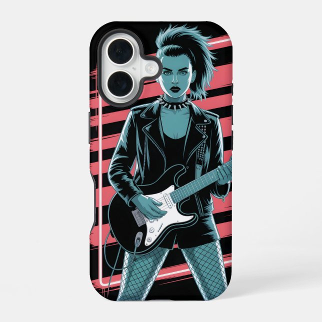 Coque iPhone 16 Rebellious Rock Star: Female Guitarist in Leather  (Verso)