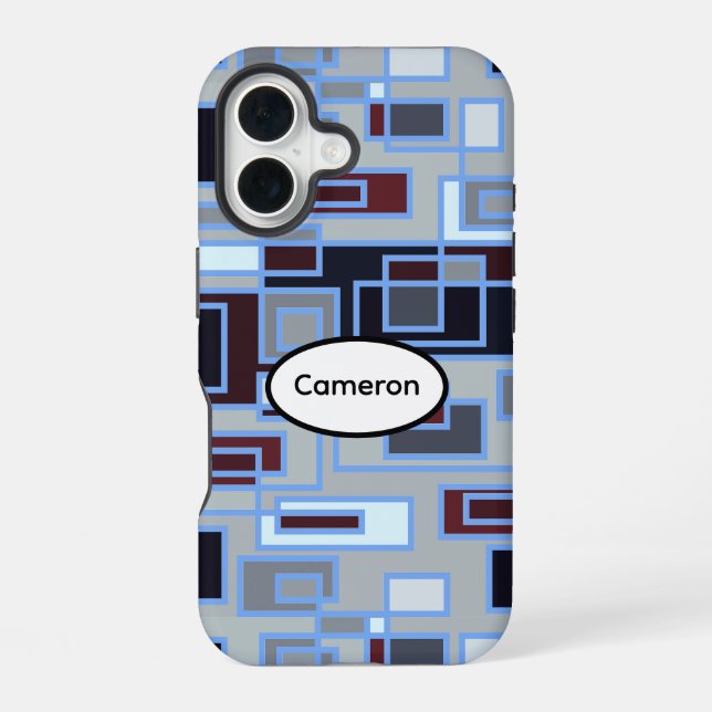 Coque iPhone 16 Rectangles rétro bleus et gris (Verso)