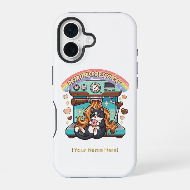Coque iPhone 16 Rétro Espresso Mignon Chat Café Personnalisé (Verso)