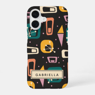 Coque iPhone 16 Rétro milieu du siècle Mod Atomique Noir Personnal