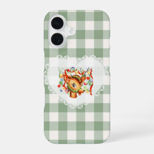 Coque iPhone 16 Retro Vintage Coquette Bébé Animaux Cerfs Gingham