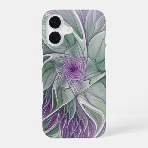 Coque iPhone 16 Rêve de fleurs, art fractal abstrait violet et ver