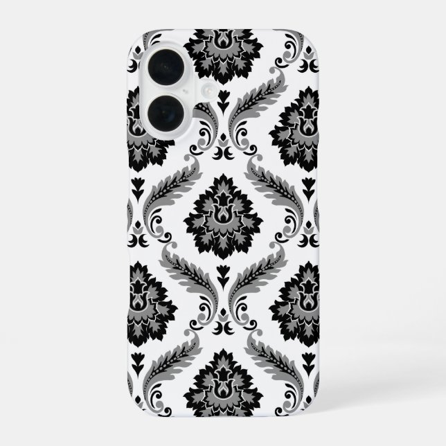 Coque iPhone 16 Rococo Damask Pattern Grey Black White (Verso)