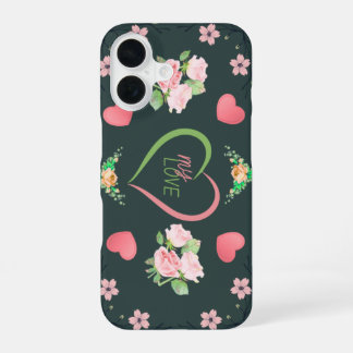 Coque iPhone 16 Romantic Pink Roses and Hearts My Love Phone Case