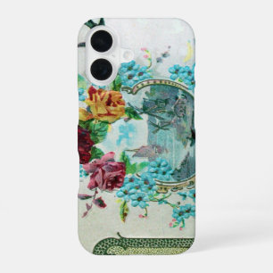 Coque iPhone 16 ROMANTICA / ROSES ; FLEURS BLEUES AVEC OISEAU, bla