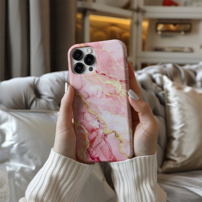 Coque iPhone 16 Rosaline Royale Luxe Fard Rose Marbre Or (Créateur téléchargé)