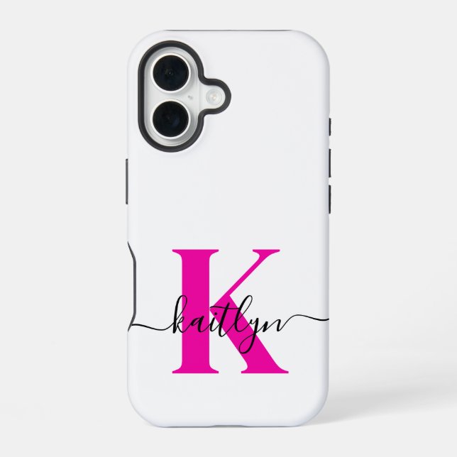 Coque iPhone 16 Rose Chaud Noir Nom Initial Monogrammé (Verso)