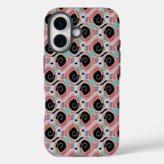 Coque iPhone 16 Rose Cyan Bleu Noir Blanc Flèches Abstrait Motif
