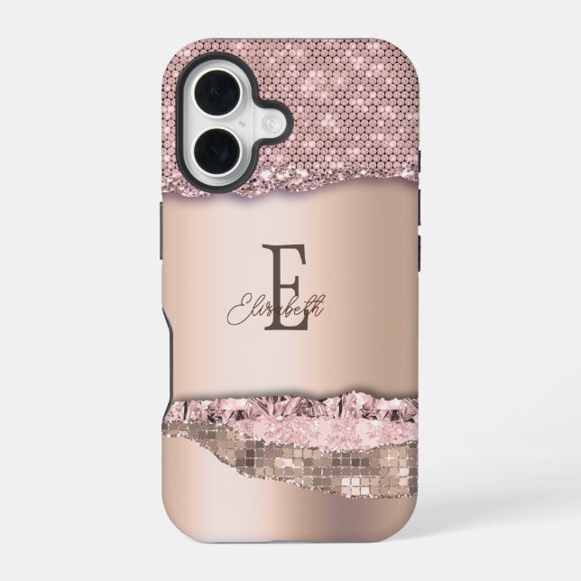 Coque iPhone 16 Rose Gold Diamants Pailletés Monogramme Tendance (Verso)