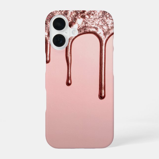 Coque iPhone 16 Rose Gold Glitter Drip – Glam Metallic (Verso)