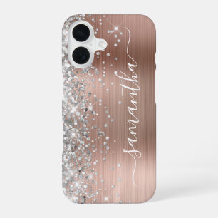 Coque iPhone 16 Rose Gold Métallisé Paillettes Argentées Signature