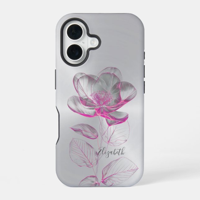 Coque iPhone 16 Rose métallique rose Argent Ajouter un nom (Verso)