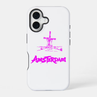 Coque iPhone 16 Rose Néon Moulin à Vent Amsterdam Esquisse Moderne