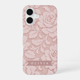 Coque iPhone 16 Rose personnalisé en dentelle fleurie romantique