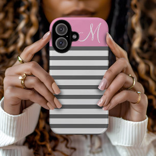 Coque iPhone 16 Roses et Charbon Rayures Prépa Monogramme