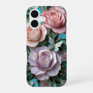 Coque iPhone 16 Roses roses blush élégants dans l'art du vitrail