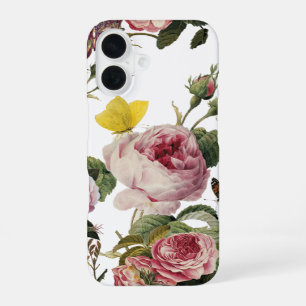 Coque iPhone 16 ROSES ROSES ET PAPILLONS JAUNES Floral blanc