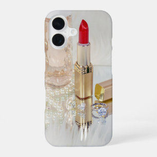 Coque iPhone 16 rouge à lèvres et bijoux sur miroir