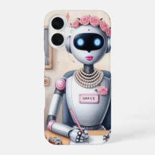 Coque iPhone 16 Rouge à lèvres rose Grace Robot Tech Féminin 