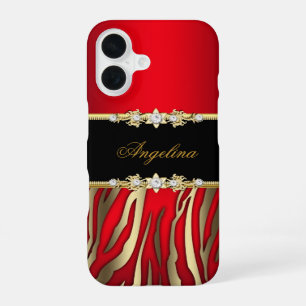 Coque iPhone 16 Rouge élégant Zèbre Noir Or
