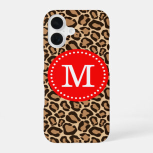 Coque iPhone 16 Rouge et imprimé léopard Monogramme personnalisé