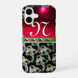 Coque iPhone 16 ROUGE NOIR VERT ART NOUVEAU GEMME MONOGRAMME Rubis