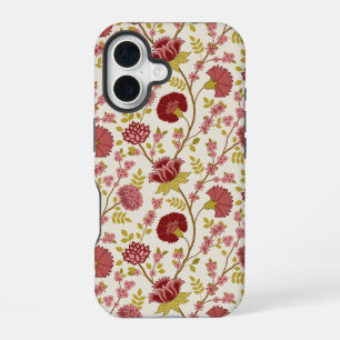 Coque iPhone 16 Rouge Roses Or Crème Motif Floral Jacobéen