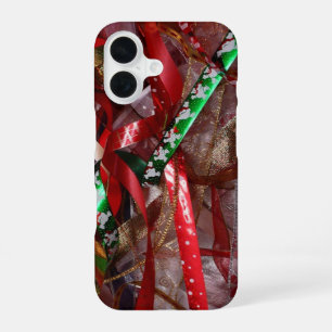 Coque iPhone 16 Rubans de Noël Rouge Vert et Or Fêtes