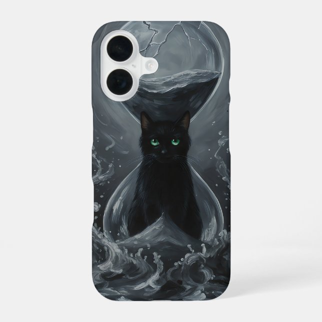 Coque iPhone 16 Sablier Éternel : Le Chat Noir du Temps (Verso)