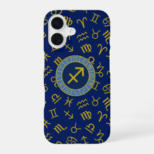 Coque iPhone 16 Sagittaire Zodiaque+Symboles d'Astrologie Ptn Gld+