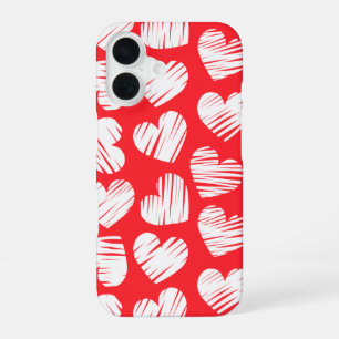Coque iPhone 16 Saint-Valentin Cœur Doodle Rouge et Blanc Moderne