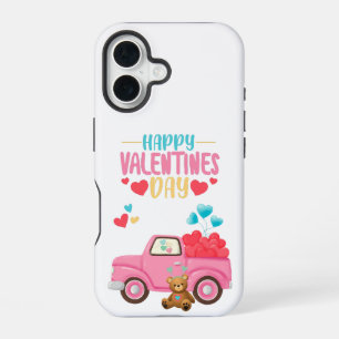 Coque iPhone 16 Saint Valentin Coeurs mignons Camion rose Teddy Be
