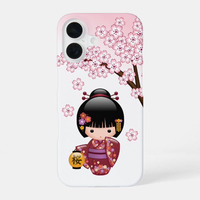 Coque iPhone 16 Sakura Kokeshi Doll - Cute Japanese Geisha Girl (Verso)