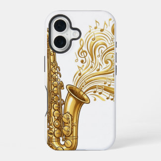 Coque iPhone 16 Saxophone Doré avec des Notes de Musique Tourbillo