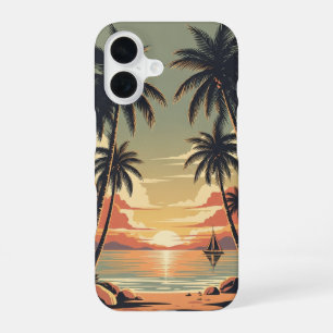 Coque iPhone 16 Scène de coucher de soleil tropical vintage
