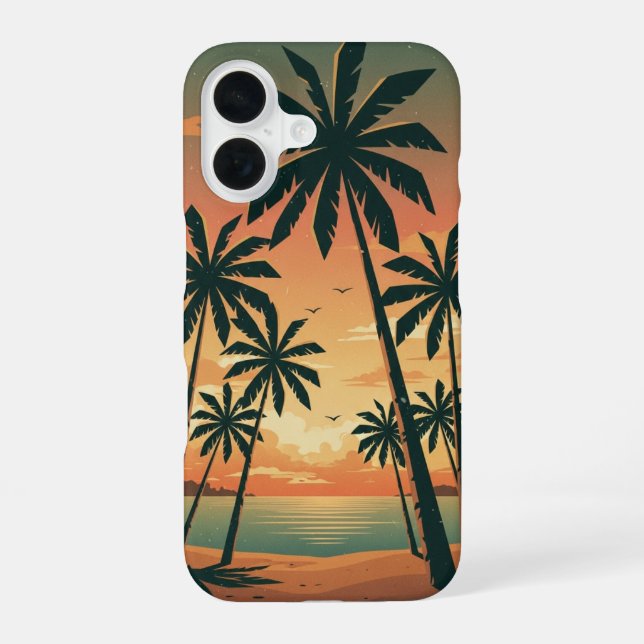 Coque iPhone 16 Scène tropicale vintage avec palmiers (Verso)