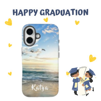 Coque iPhone 16 Sea Beach Sky Bird, Nom personnalisé