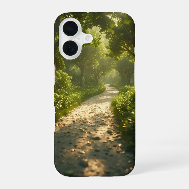 Coque iPhone 16 Sentier forestier ensoleillé (Verso)